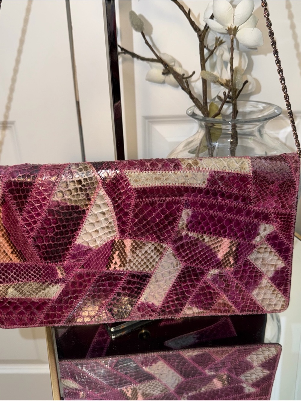 Varon Genuine snakeskin purple pink silver clutch handbag
